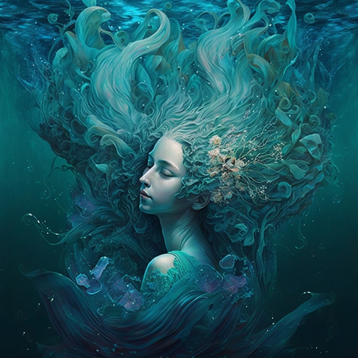 A beautiful woman with long hair floating under water